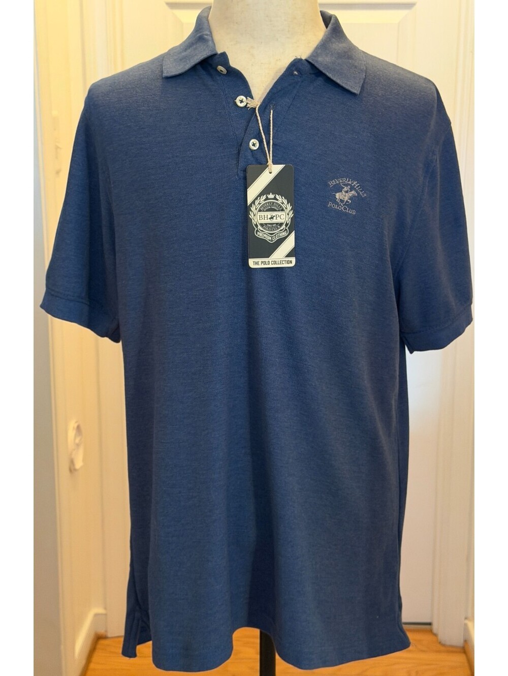 NWT Beverly Hills Polo Club Men's Blue Short Sleeve Polo Shirt Size Large Modern